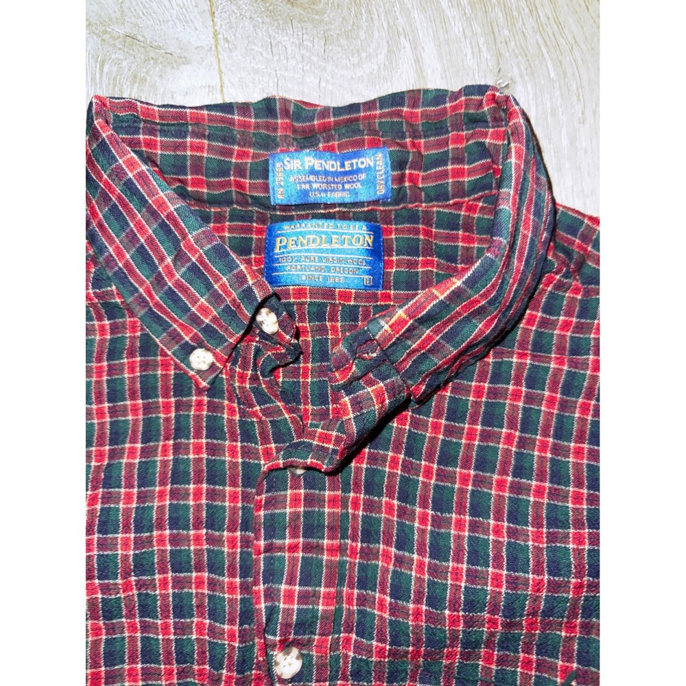 Sir Pendleton Mens Red Green Plaid Wool Button Down Shirt Size L Long Sleeve